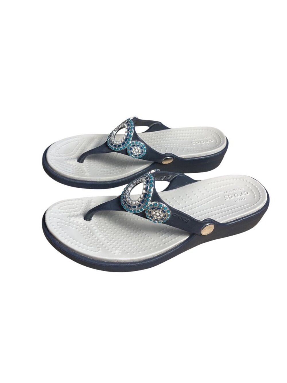 Crocs Sanrah Diamante Womens 8 Navy/Light Gray Wedge Flip Flop Sandals comfort